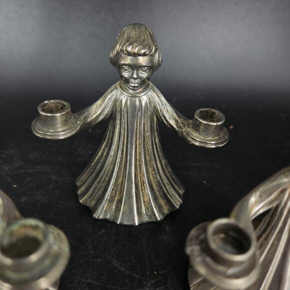 Italian Figural Child Mini Candle Holders Set of 4 Twin Arm Silver Tone Metal 3" - Picture 6 of 16